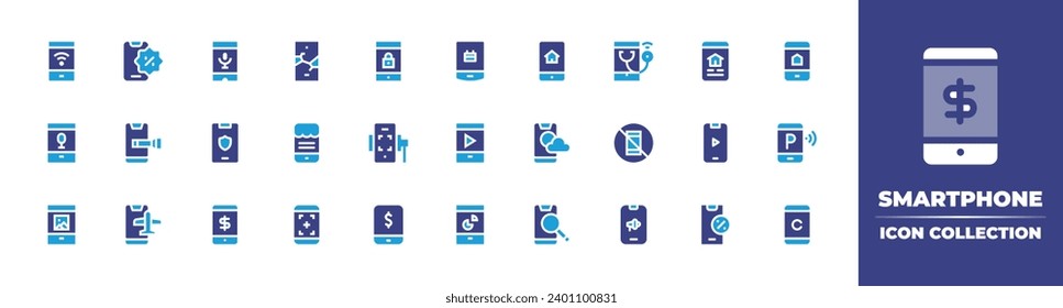 Smartphone icon collection. Duotone color. Vector and transparent illustration. Containing smartphone, voice recognition, telemedicine, shield, no phone, phone, speaker. 