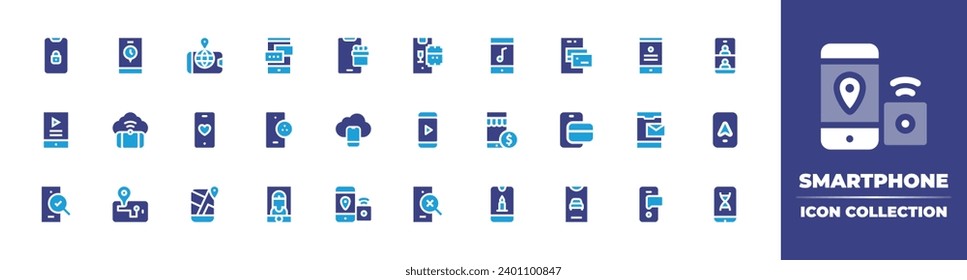 Smartphone icon collection. Duotone color. Vector and transparent illustration. Containing smartphone, mobile store, cell phone, mobile map, location, credit card, dating app, online payment, gps.