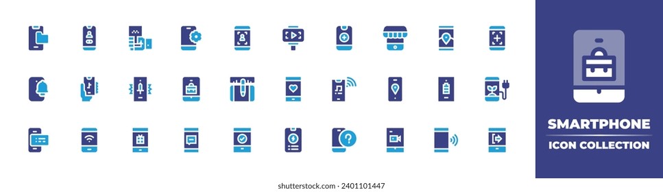 Smartphone icon collection. Duotone color. Vector and transparent illustration. Containing folder, video recording, smartphone, like, ticket, mobile location, mobile, mobile phone, phone, online store