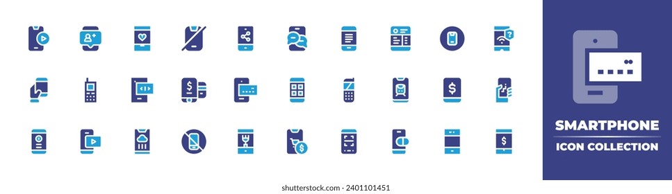 Smartphone icon collection. Duotone color. Vector and transparent illustration. Containing video player, communication, follower, mobile, ecommerce, smartphone, mobile phone, mobile shopping, scanning