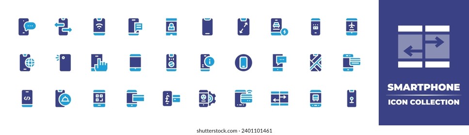 Smartphone icon collection. Duotone color. Vector and transparent illustration. Containing chat, mobile, transfer, display, internet, smartphone, camera, code, food delivery, payment, mobile message.