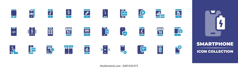 Smartphone icon collection. Duotone color. Vector and transparent illustration. Containing smartphone, phone case, mobile game, low battery, mobile banking, smartphones, mobile store, mobile chat.