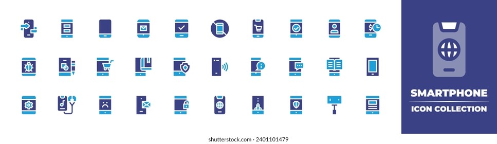 Smartphone icon collection. Duotone color. Vector and transparent illustration. Containing smartphone, mobile shopping, mobile game, mobile, flip, no phone, bug, online payment, tablet, phone, selfie.