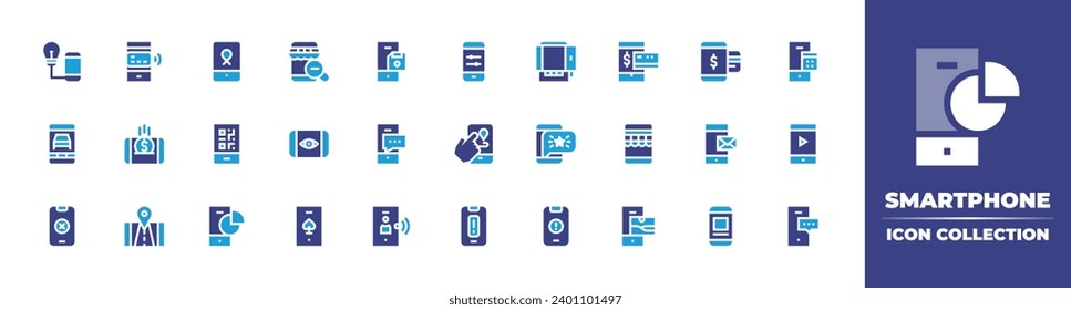 Smartphone icon collection. Duotone color. Vector and transparent illustration. Containing smartphone, online shop, payment method, message, ocular unlocking, phone, warning, remote control, gps.