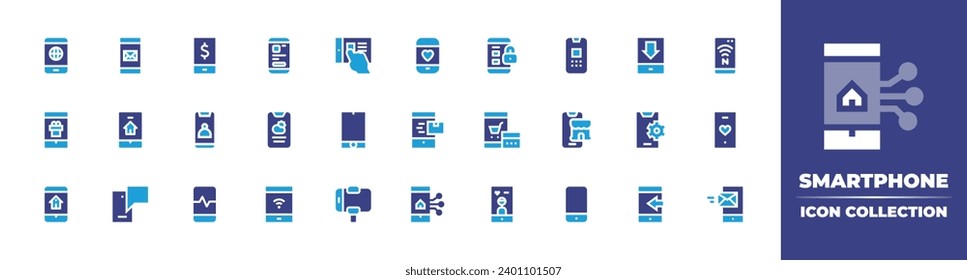 Smartphone icon collection. Duotone color. Vector and transparent illustration. Containing smartphone, mobile, mobile phone, email, padlock, smart home, online shopping, chat, phone call, ipad, nfc.