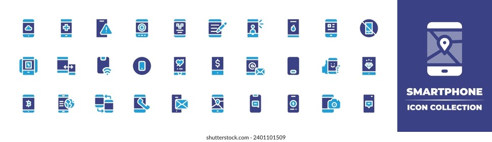 Smartphone icon collection. Duotone color. Vector and transparent illustration. Containing smartphone, mobile, mobile phone, phone, selfie, responsive, email, internet, speech bubble, taxi, no phone.