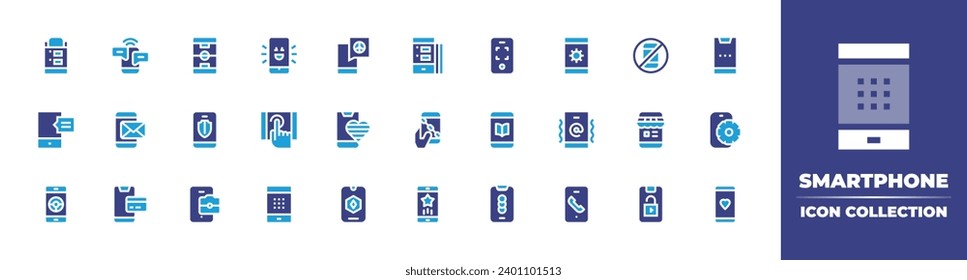 Smartphone icon collection. Duotone color. Vector and transparent illustration. Containing smartphone, mobile phone, cellphone, payment method, chat, blockchain, phone, smileys, no phone, tap, online.