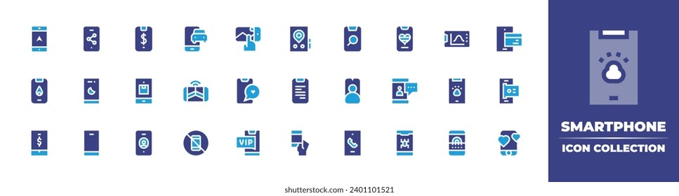 Smartphone icon collection. Duotone color. Vector and transparent illustration. Containing smartphone, mobile phone, mobile payment, mobile chat, mobile banking, navigation, gps, fire, phone book.
