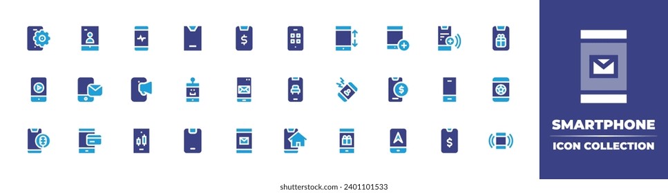 Smartphone icon collection. Duotone color. Vector and transparent illustration. Containing smartphone, mobile phone, mobile payment, mobile banking, video call, scroll, email, call, online payment.