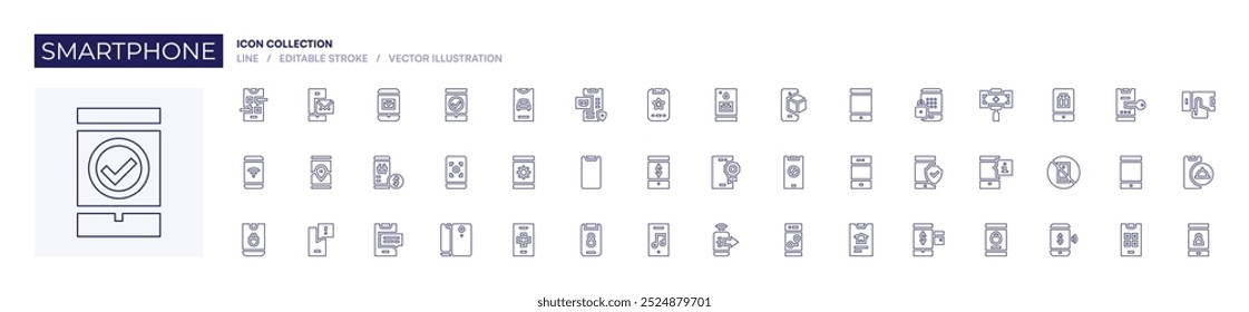 Smartphone-Symbolsammlung. Linienstil. Bearbeitbarer Strich. Mobiltelefon, Smartphone, Zahlungsmethode, mobile Bezahlung, Apps, Benutzer, mobile App.