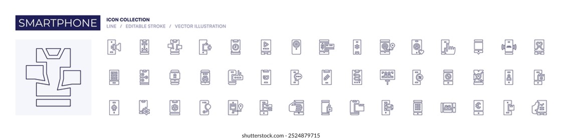 Smartphone icon collection. Line style. Editable stroke. qr code, smartphone, phone, mobile app, mobile phone, image, mobile map, diskette.