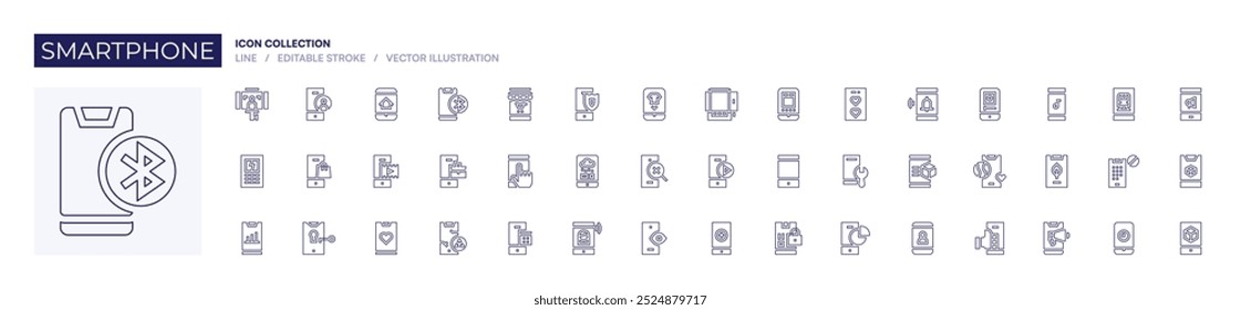 Icono de teléfono inteligente colección. Estilo de línea. Teléfono inteligente, gráfico circular, gráficos, seguridad móvil, teléfono inteligente roto, calculadora, llamada de emergencia.