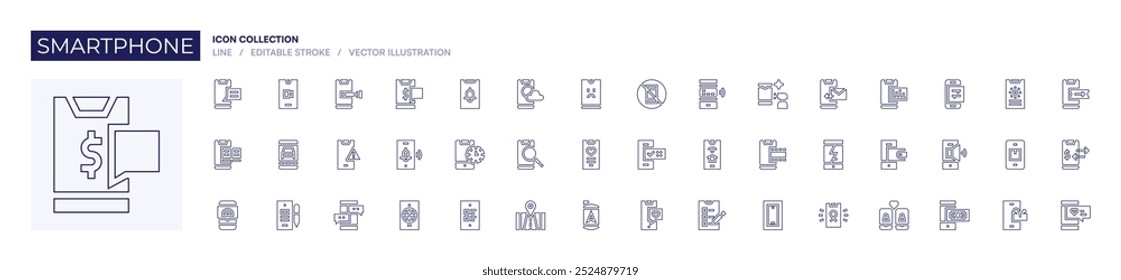 Icono de teléfono inteligente colección. Estilo de línea. Teléfono inteligente, teléfono, reloj, envío, altavoz, roto, cartera, teléfonos inteligentes.