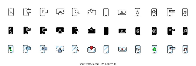 Colección de iconos de smartphone. Iconos del teléfono. Lineal, silueta y estilo plano. Iconos vectoriales