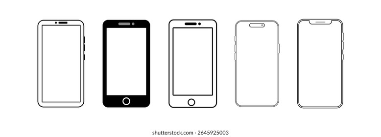 Smartphone Icon Collection – Vector Mobile Phone UI Elements for Web, App, and User Interface Design. detailed mobile phone template front view, mobile phone model.