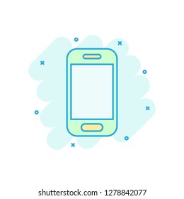 Smartphone icon in comic style. Phone handset vector cartoon illustration pictogram. Smartphone business concept splash effect.