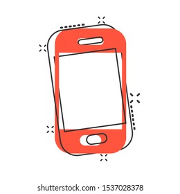 Smartphone icon in comic style. Phone handset vector cartoon illustration pictogram splash effect.