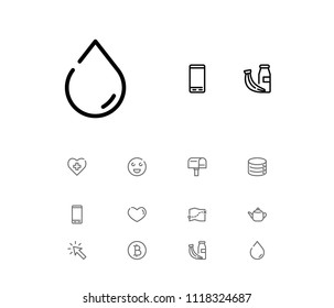 Smartphone icon with datacenter, heart and tea symbols. Set of smile emotion, soul, happy icons and aqua concept. Editable vector elements for logo app UI design.