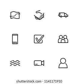 Smartphone icon with delivery truck, person and checkbox symbols. Set of telephone, delivery truck, family icons and cellphone concept. Editable vector elements for logo app UI design.