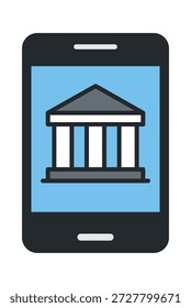 Ein Smartphone-Symbol mit einem klassischen Gebäude, das Bank- oder Regierungsdienstleistungen symbolisiert.