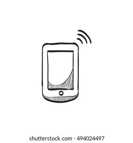 Smartphone icon in doodle sketch lines. Communication device, touch screen 