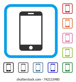 Smartphone icon. Flat gray pictogram symbol in a light blue rounded frame. Black, gray, green, blue, red, orange color additional versions of Smartphone vector.