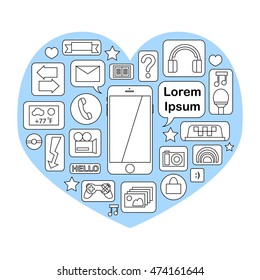 Smartphone icon with functions and applications: email, photo camera, video camera, music, internet shopping, game. Call and message illustration. Connection gadget hand-drawn picture with text place