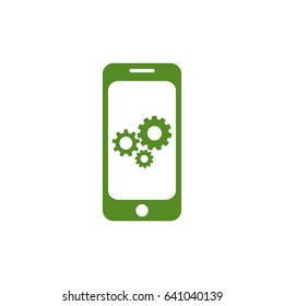  Smartphone icon with gears.  Flat vector illustration isolated on white. Green color