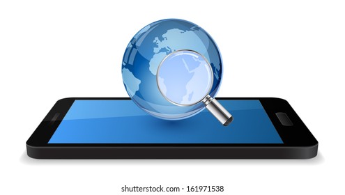 smartphone icon with globe and magnifying glass