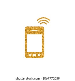 Smartphone icon in gold glitter texture. Sparkle luxury style vector illustration.