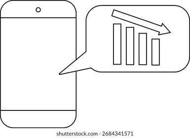 Icono del smartphone e icono del gráfico abajo con el fondo blanco. Con las líneas negras