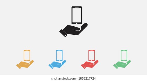 Smartphone icon in a hand, vector illustration. Mobile phone smartphone icon illustration. Set of colorful flat design icons