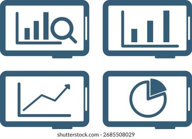Smartphone-Icon-Illustrationssatz mit Grafiken statistischer Ergebnisse, Recherche und Analyse in Tortendiagrammen