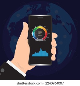 Smartphone icon with internet connection speed test on the screen. Internet download speed test on web page. Speed test and network performance information. Signal quality. Vector illustration.