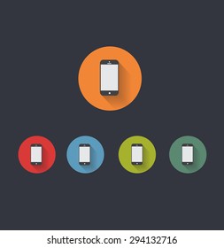 Smartphone icon long shadow in red, blue, green and orange circle 