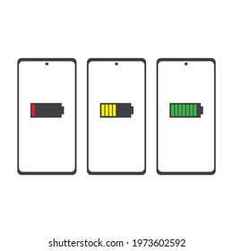 Smartphone icon with low to full battery, flat style, logo isolated on white background. vector illustration