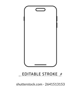 Smartphone icon in minimal line style with editable stroke. Mobile device, phone screen, digital gadget, modern communication tool, smartphone element for UI design, app interface and mobile content.