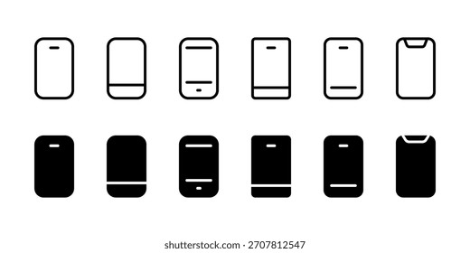 Smartphone icon. Minimal mobile device variations with outline and solid styles vector. Clean phone set for UI design, apps and communication tasks. Modern technology pictogram for digital concept.