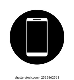 Smartphone icon. Mobile device symbol. Black circle background. Minimalist vector design.