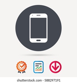 Smartphone icon. Mobile phone communication symbol. Report document, award medal with tick and new tag signs. Colored flat web icons. Vector