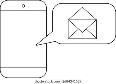 Icono del smartphone y icono abierto del sobre con el fondo blanco. Con las líneas negras