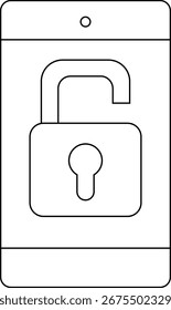 smartphone icon and open padlock icon with white background.with black lines