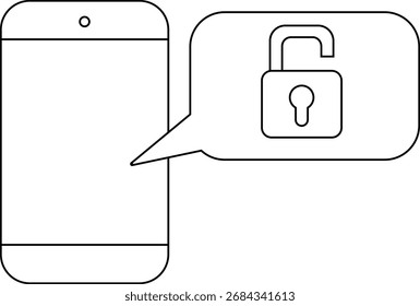 Smartphone-Symbol und offenes Vorhängeschloss-Symbol mit weißem Hintergrund.mit schwarzen Linien