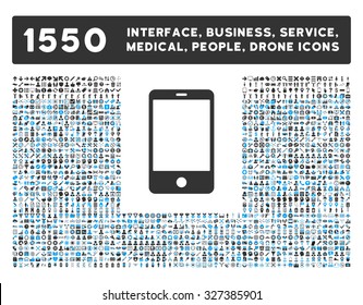 Smartphone icon and other web interface, business, tools, people, medical service and awards vector symbols. Style is bicolor flat symbols, blue and gray colors, rounded angles, white background.