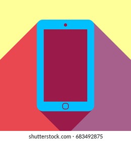 Smartphone icon. Phone icon. Vector. Deep sky blue icon with two flat violet and raspberry semitransparent shadows on canary background.