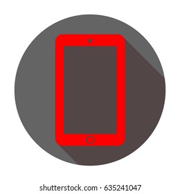 Smartphone icon. Phone icon. Vector. Red icon with reddish shadow on dark gray circle at white background. Isolated.