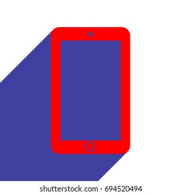 Smartphone icon. Phone icon. Vector. Red flat style icon with dark blue long shadow on white background.
