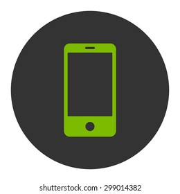 Smartphone icon from Primitive Round Buttons OverColor Set. This round flat button is drawn with eco green and gray colors on a white background.
