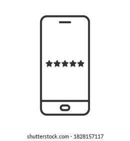 Smartphone icon with rating stars. Feedback concept. Rating stars on the device screen. Black linear icon isolated. Vector illustration.