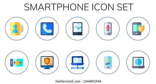 smartphone icon set. 10 flat smartphone icons.  Collection Of - contact, phone, computer, laptop, mobile